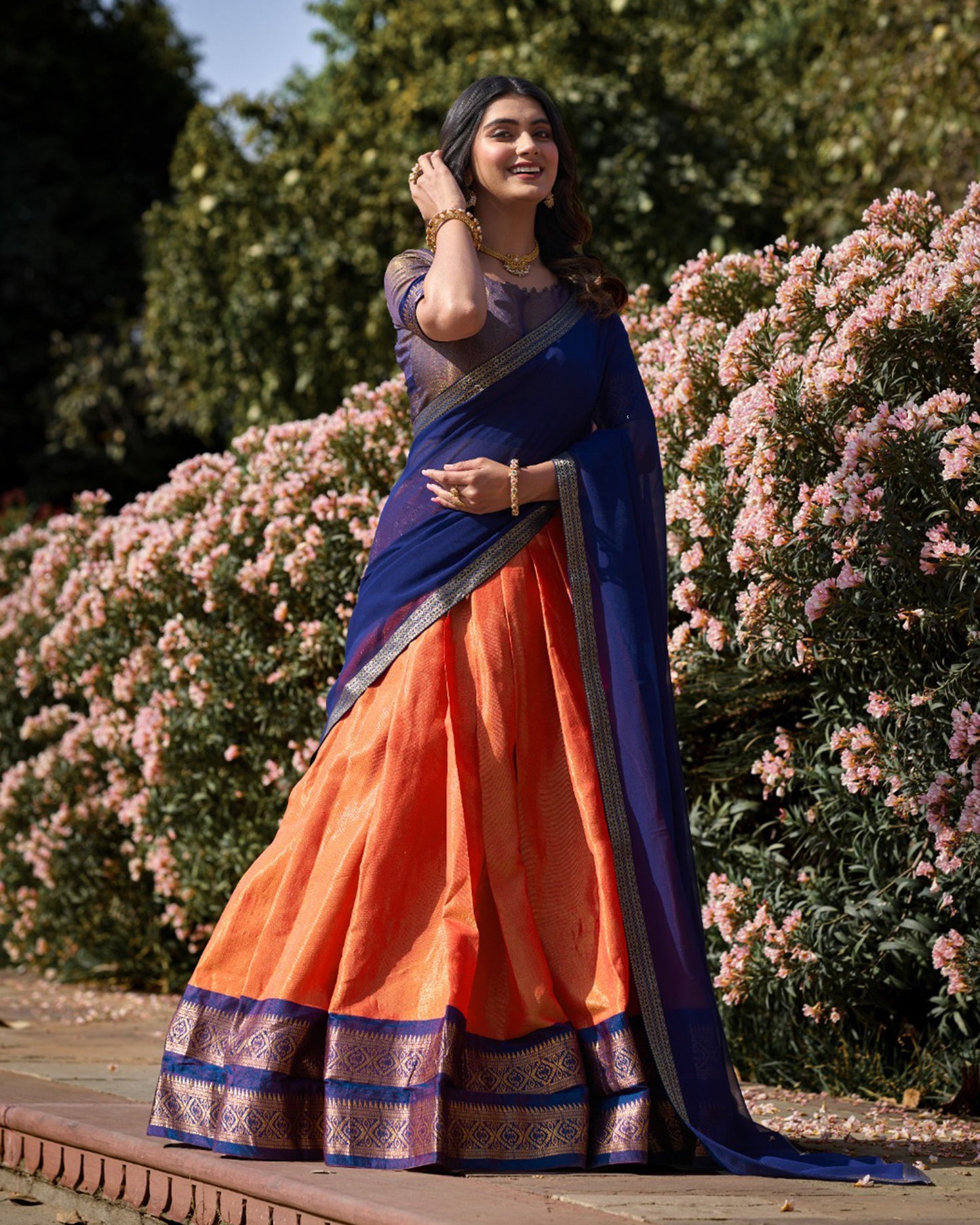 Orange Color Kanchipuram Silk Designer Half Saree