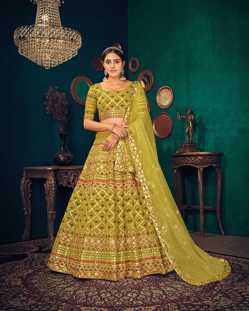 Designer Georgette Embroidery Lime Color Lehenga Choli