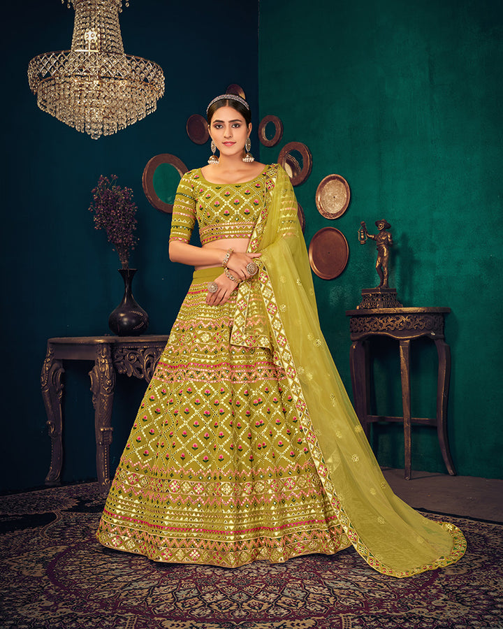 Designer Georgette Embroidery Lime Color Lehenga Choli