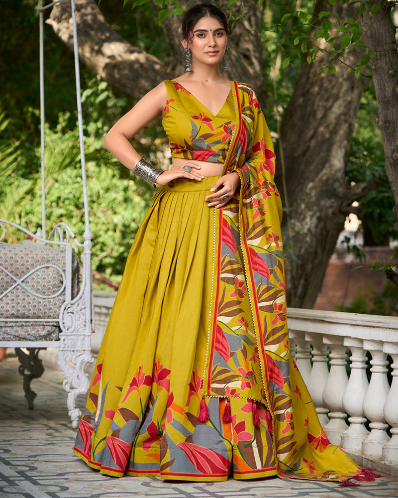 Mustard Chanderi Floral Printed lehenga Choli