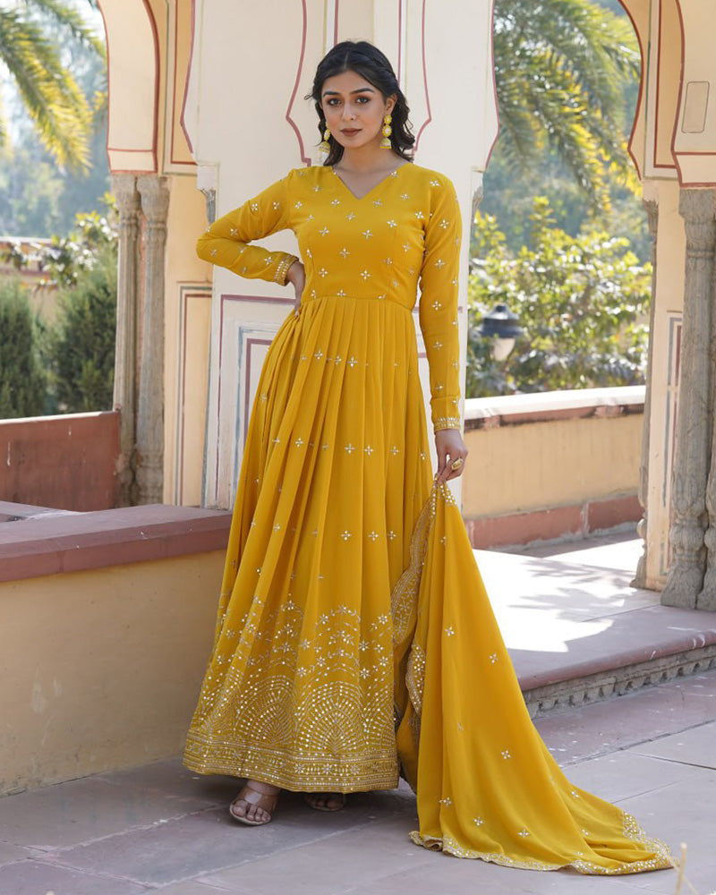 Beautiful Yellow Color Georgette Gown With Sequence Embroidery Dupatta