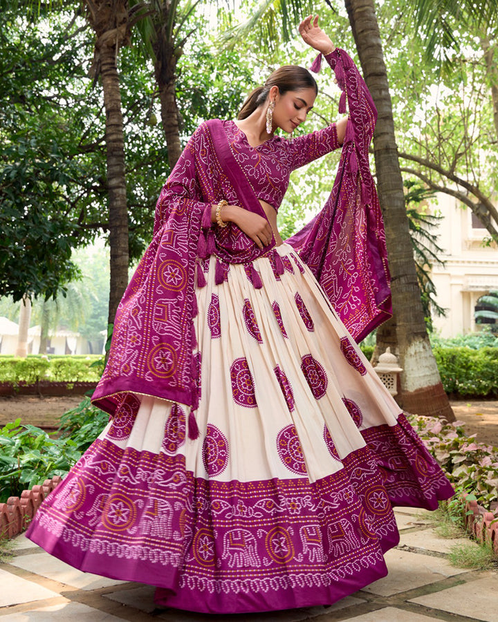 Bandhej Print Wine Color Tussar Silk Lehenga Choli