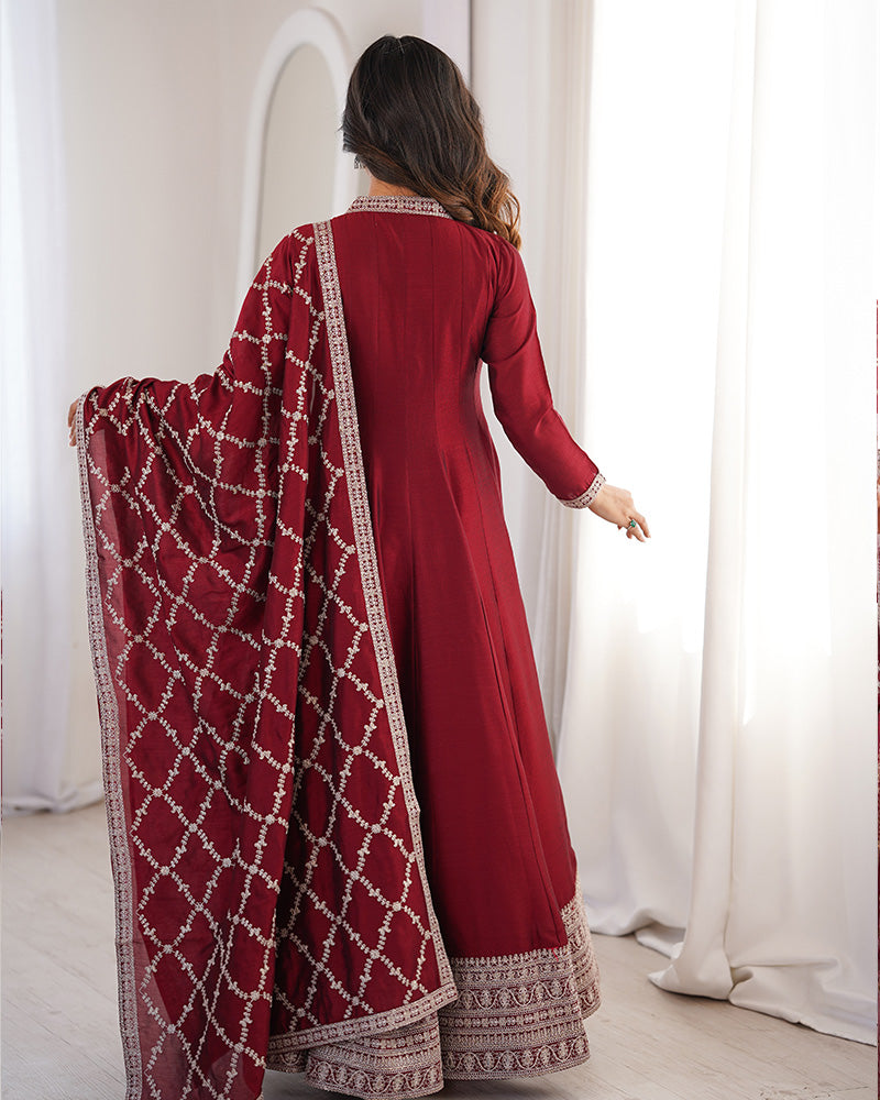 Maroon Color Vichitra Silk Embroidered Gown