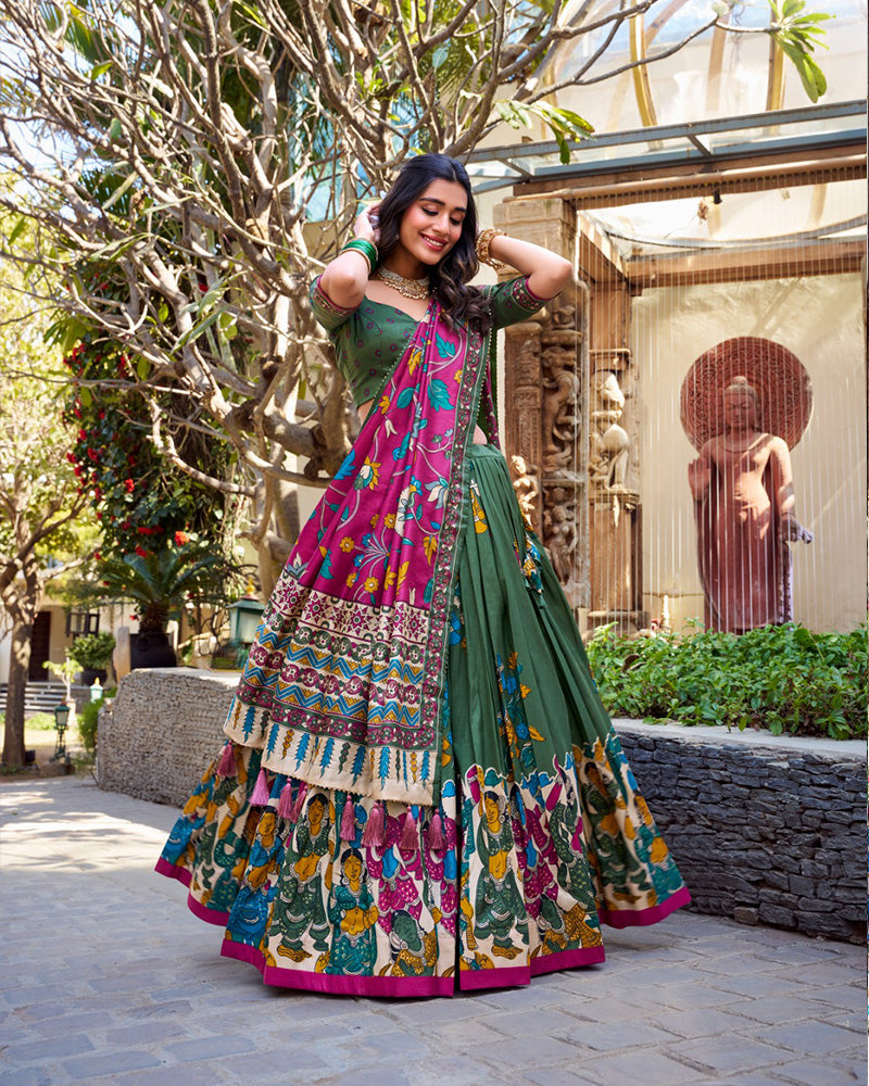 Mehndi Color Tussar Silk Kalamkari Printed Half Saree