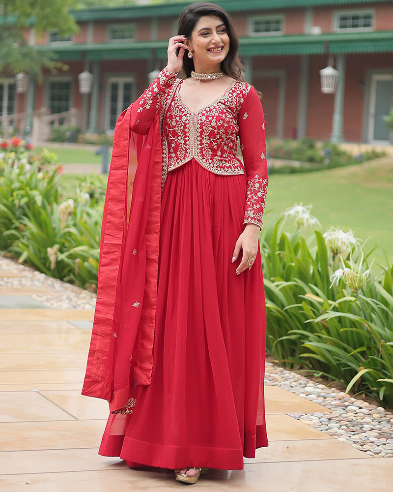 Pink Color Faux Blooming Multi Embroidered Work Gown