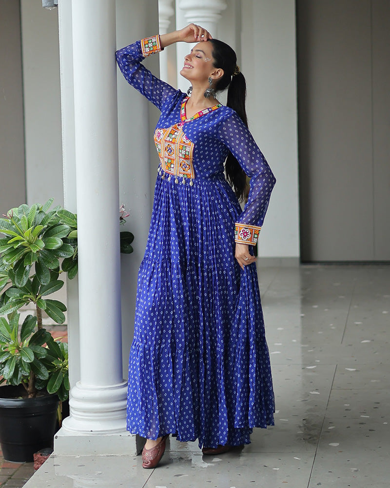 Blue Color Georgette Bandhani Print Navratri Gown