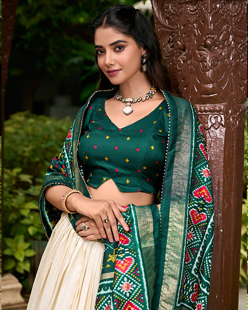 Patola Printed Green Color Tussar Silk Lehenga Choli