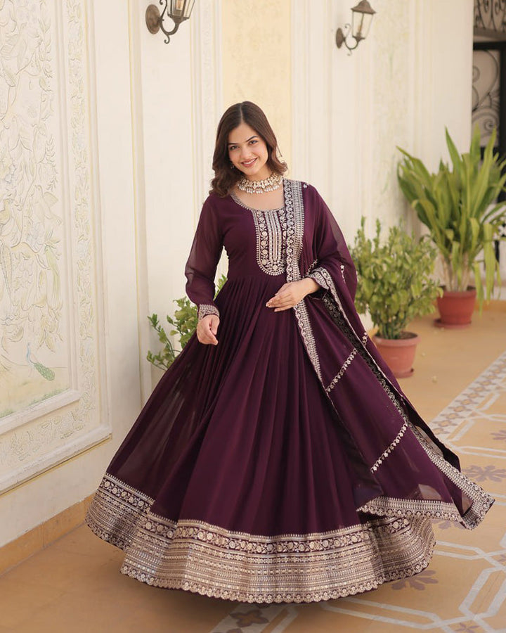 Wine Color Faux Blooming Rich Sequence Embroidered Gown
