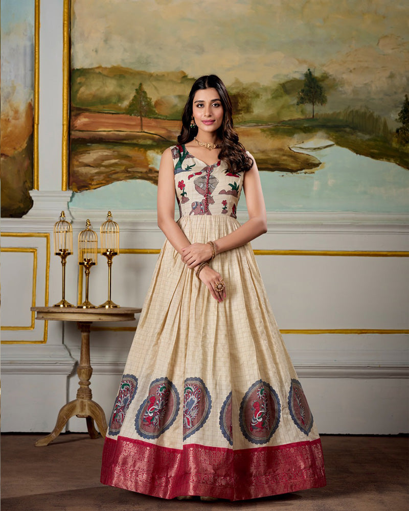 Red Color Dola Silk Kalamkari Gown With koti