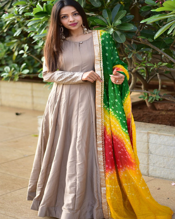 Chiku Color Chinon Anarkali Gown With Bandhani Dupatta
