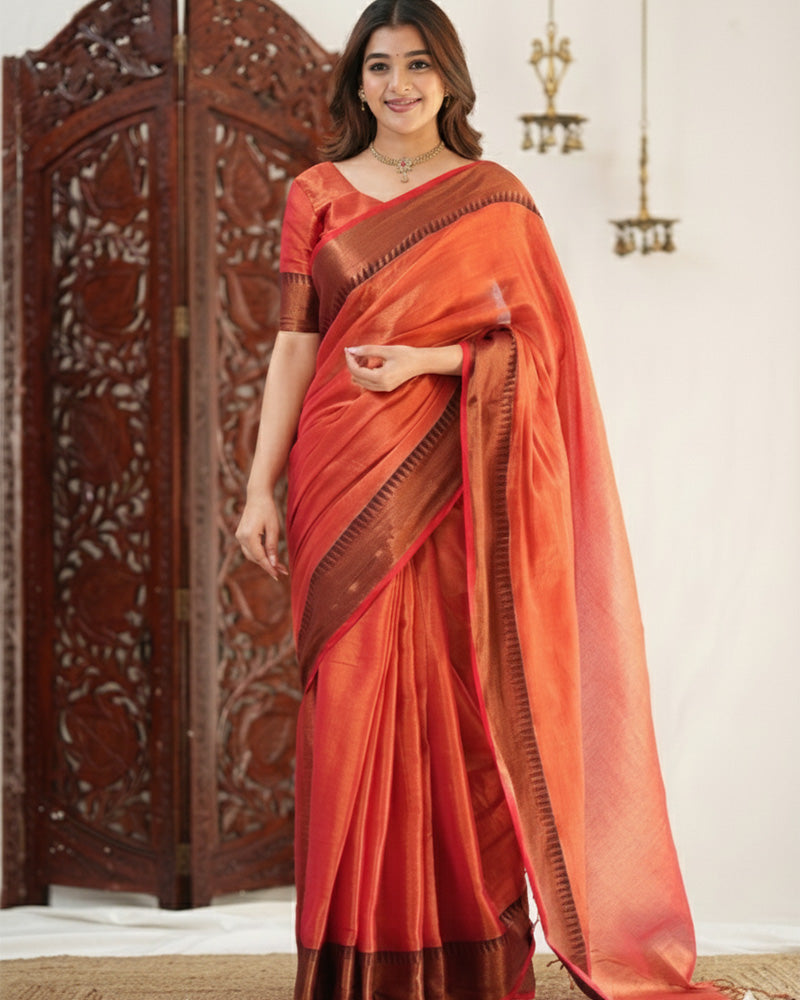 Orange Color Tissue Cotton Saree