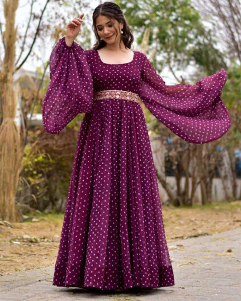 Purple Printed Balloon Sleeve Gown with Belt