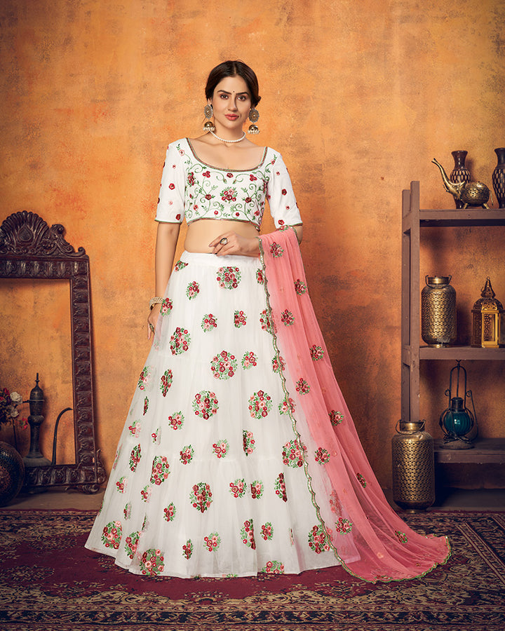 White And Peach color Soft Net Embroidery Lehenga Choli