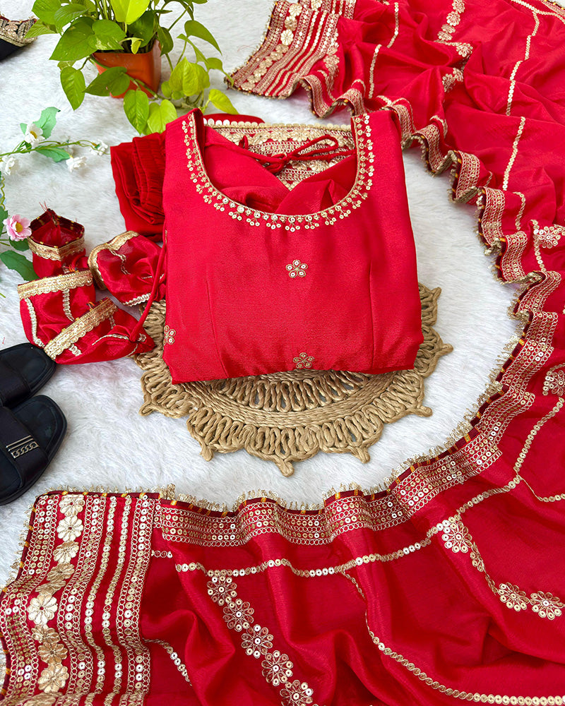 Red Color Chinon Silk Sequins Embroidered Gown