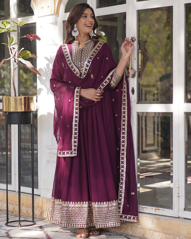 Wine Color Faux Blooming Rich Embroidered Work Gown