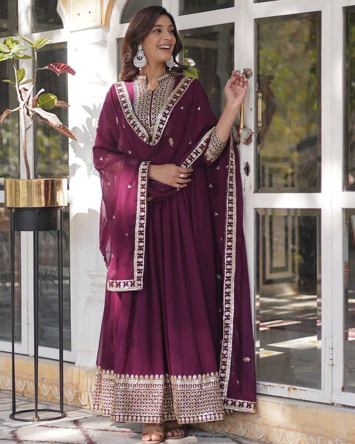 Wine Color Faux Blooming Rich Embroidered Work Gown