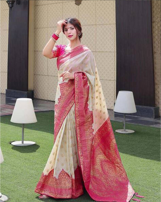 Pink And Cream Color Banarasi Jacquard Soft Silk Saree