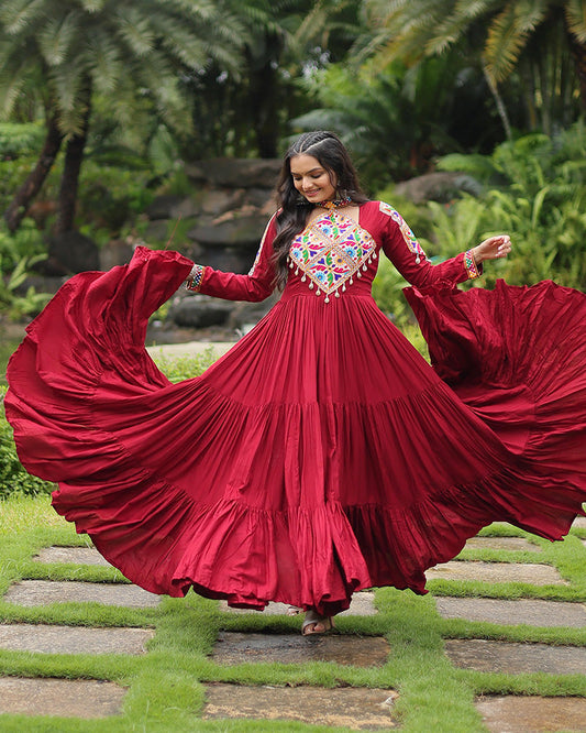 Maroon Color Rayon Gamthi Style Navratri Gown