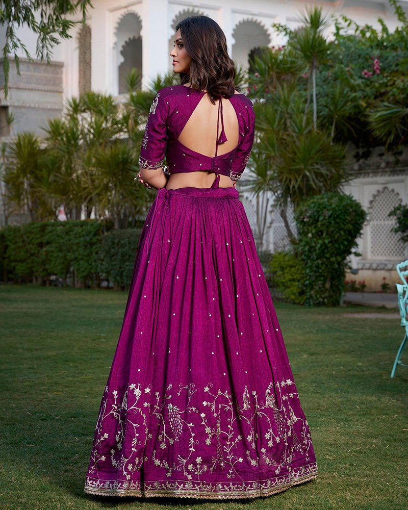 Wine Color Vichitra Silk Sequence Embroidery Half Saree