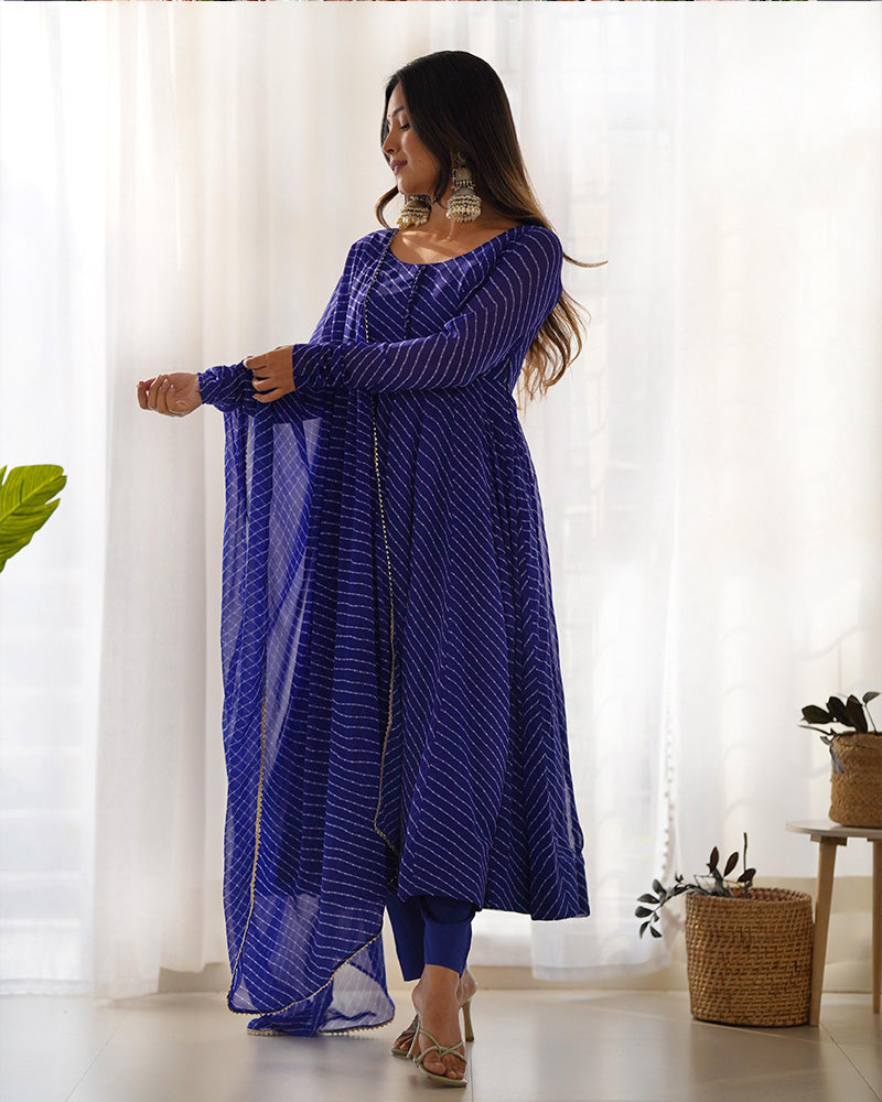 Royal Blue Color Laheriya Print Georgette Three Piece Anarkali Suit
