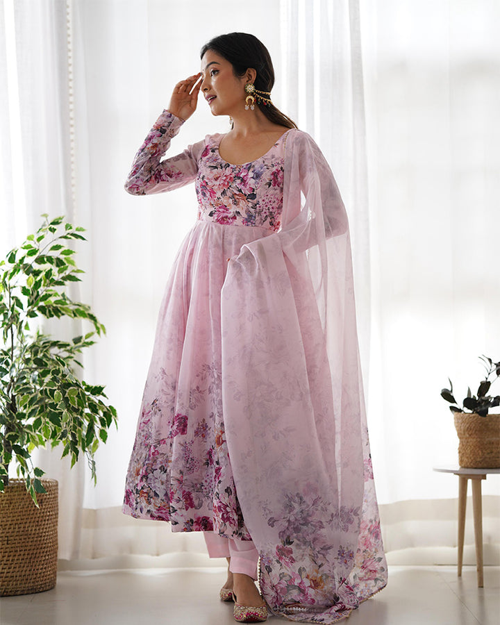 Baby Pink Color Organza Silk Three Piece Anarkali Suit