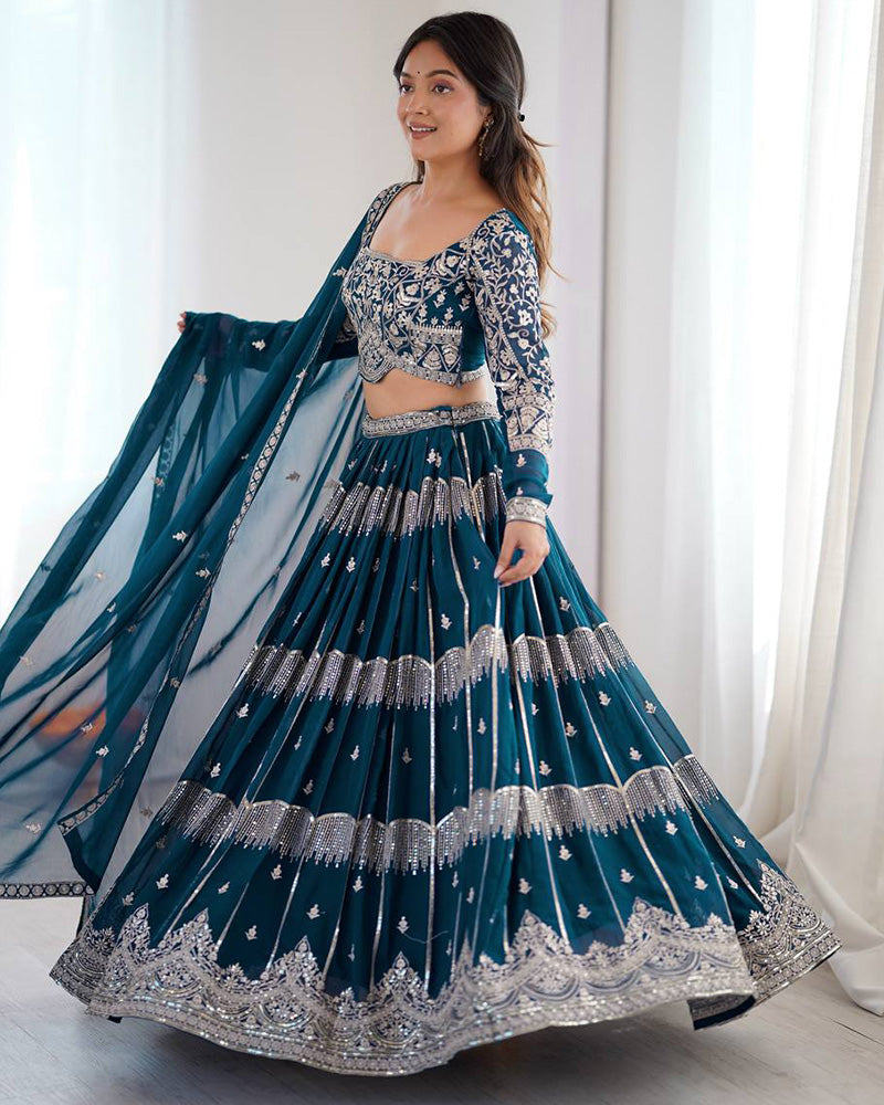 Teal Blue Color Faux Georgette Sequence Embroidered Lehenga Choli
