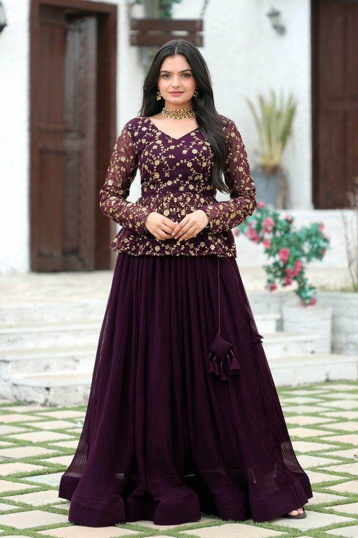 Wine Color Faux Blooming Sequence Embroidery Work Designer Lehenga Choli