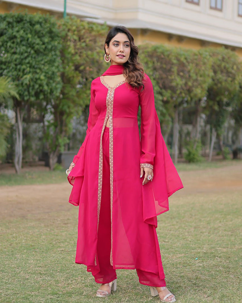 Western style Pink Color Georgette Kurti Pant With Dupatta