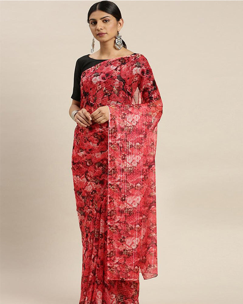 Designer Red Chiffon Silk Pearl Lace Saree