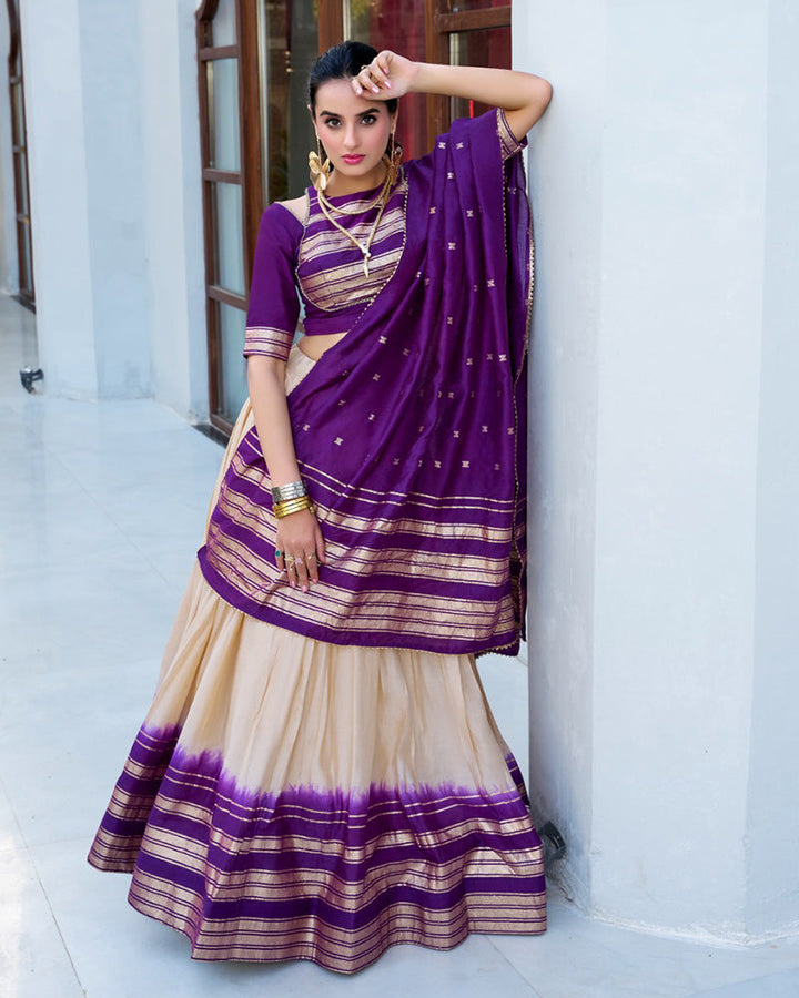 Off-White Color Pure Chanderi Plain Half Saree