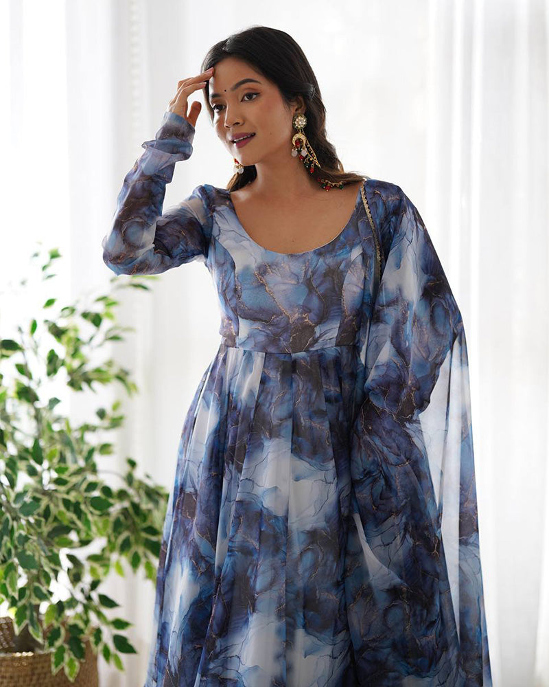 Navy Blue Color Pure Soft Organza Three Piece Anarkali Suit