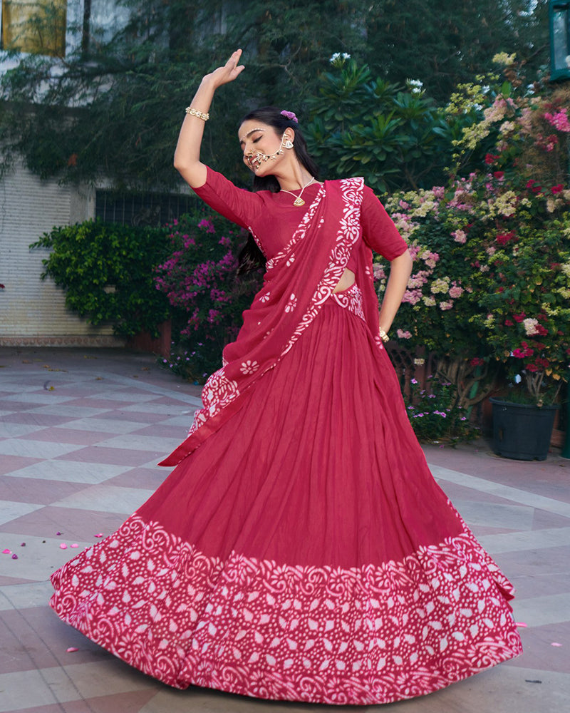 Red Color Lightweight Cotton Chanderi Lehenga Set