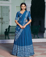 Teal Blue Color Lightweight Cotton Chanderi Lehenga Set