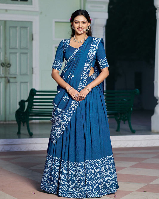 Teal Blue Color Lightweight Cotton Chanderi Lehenga Set
