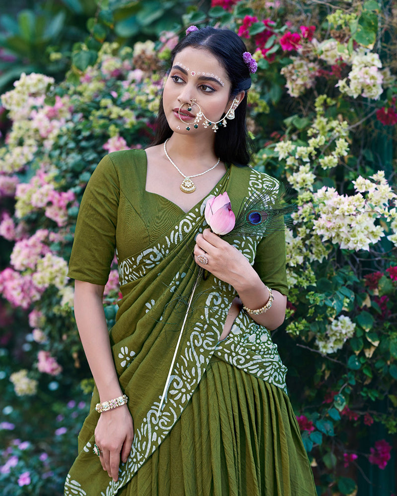 Green Color Lightweight Cotton Chanderi Lehenga Set