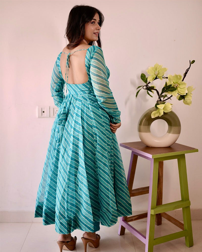 Firozi Color Tabby Organza Three Piece Anarkali Suit
