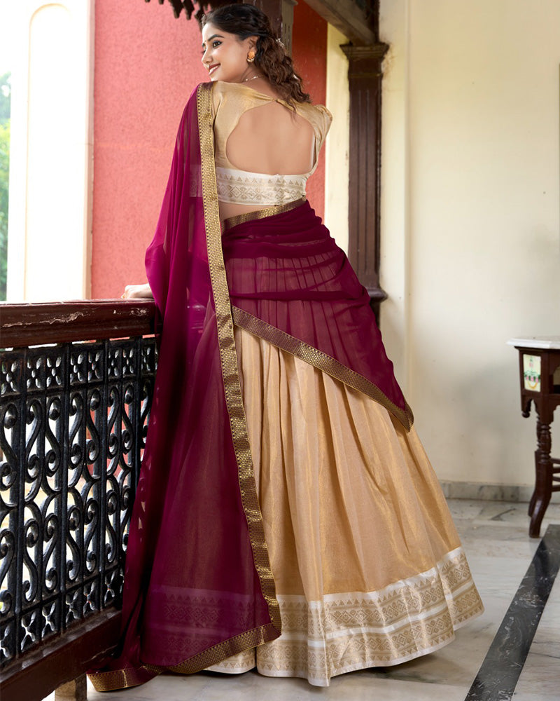 Cream Color Kanchipuram Designer Half Saree