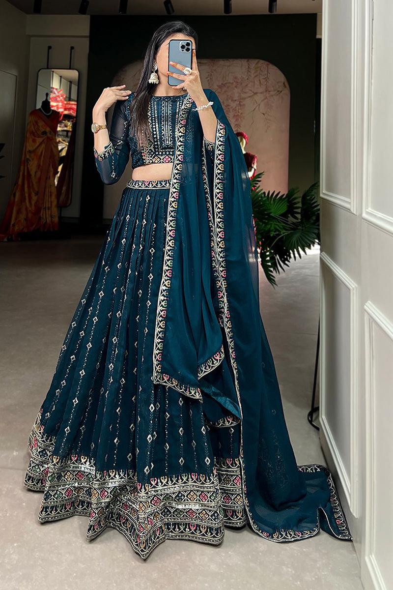 Wedding Wear Designer Navy Blue Color Embroidery Lehenga Choli