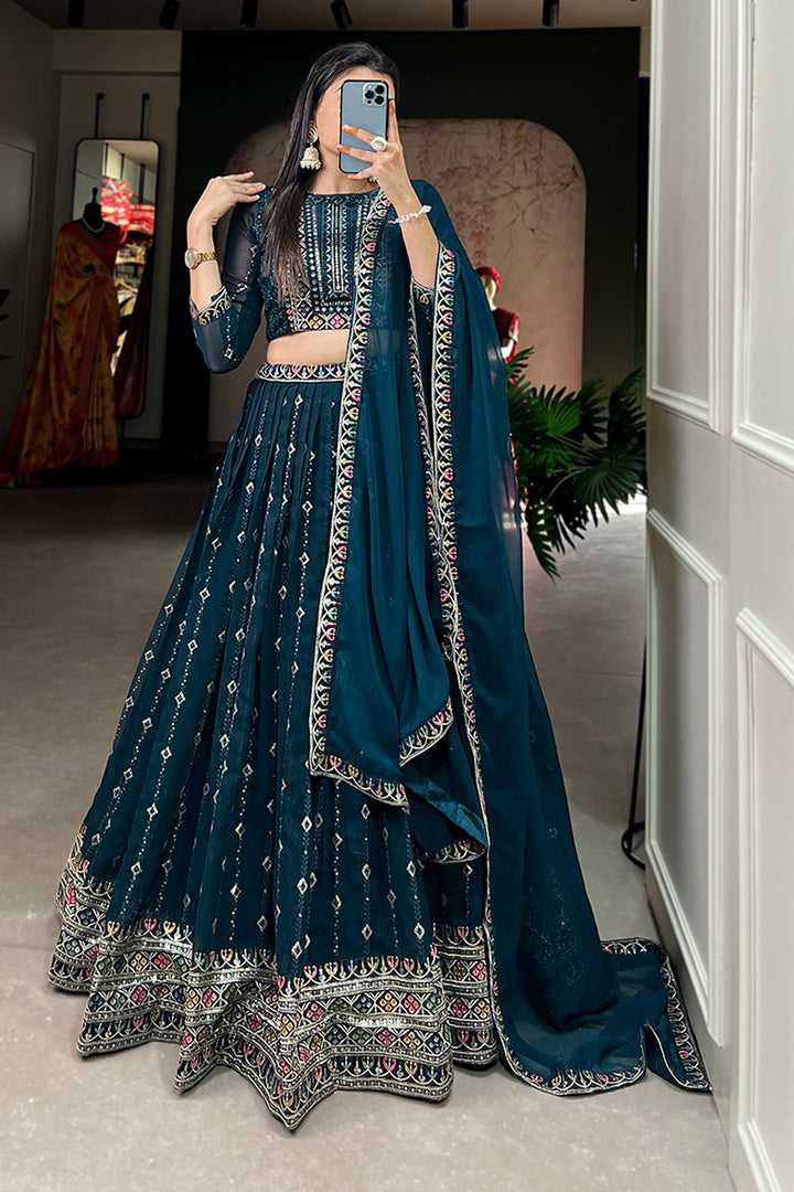 Wedding Wear Designer Navy Blue Color Embroidery Lehenga Choli