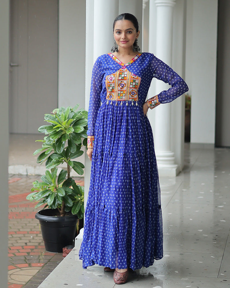Blue Color Georgette Bandhani Print Navratri Gown