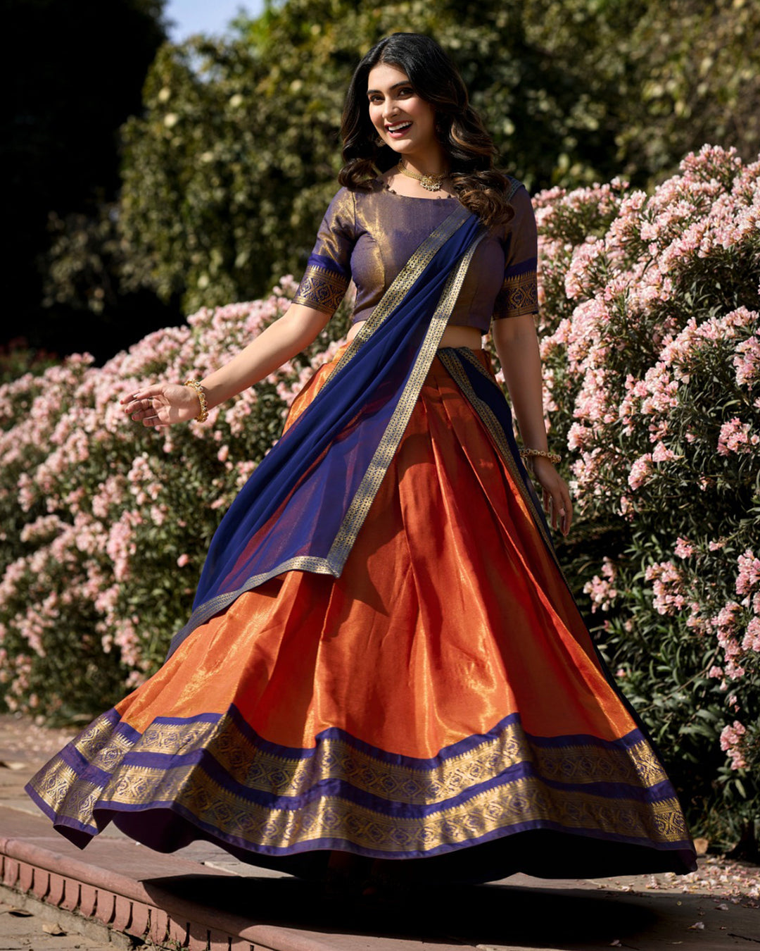 Orange Color Kanchipuram Silk Designer Half Saree