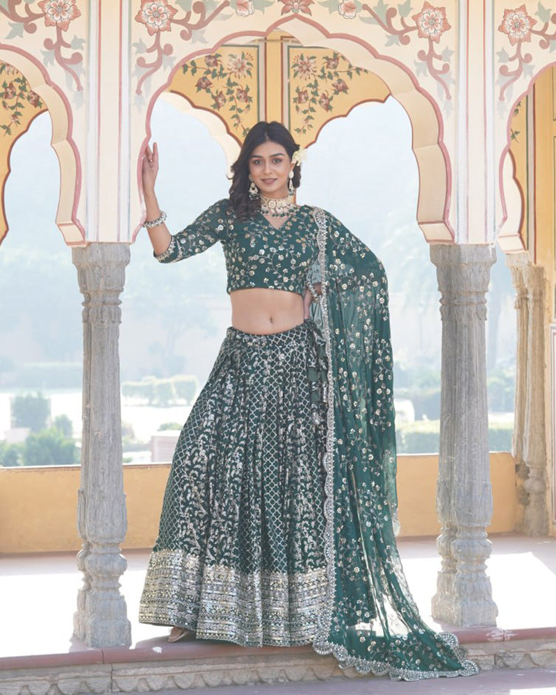 New Design Green Color Sequence Embroidered Jacquard Lehenga Choli