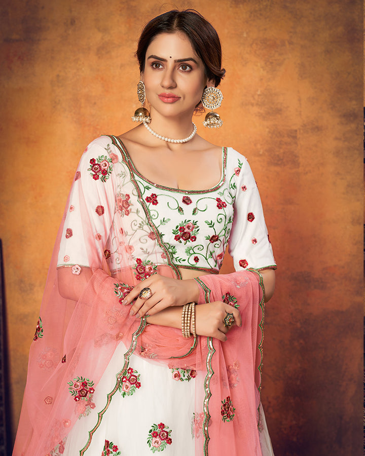 White And Peach color Soft Net Embroidery Lehenga Choli