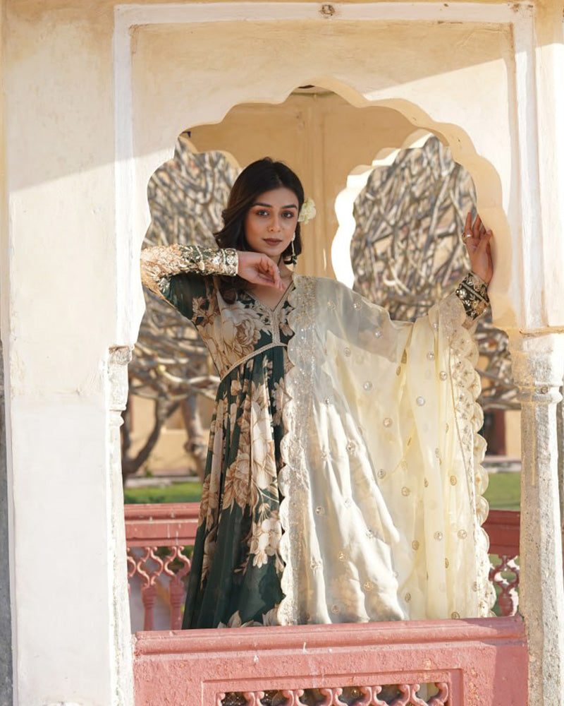 Mehndi Color Russian Silk Gown With Designer Dupatta
