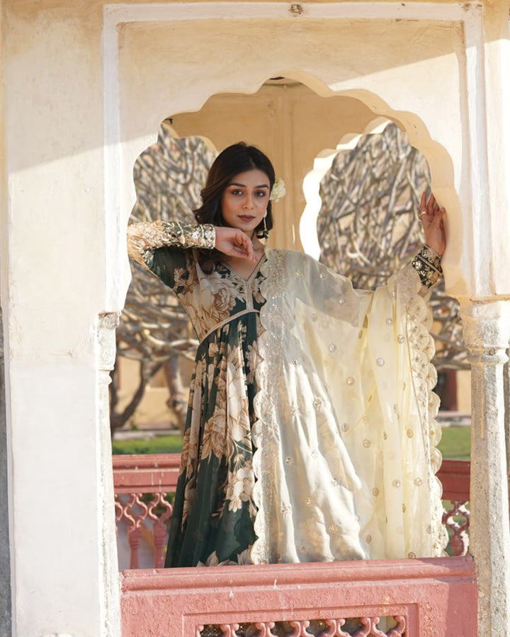 Mehndi Color Russian Silk Gown With Designer Dupatta