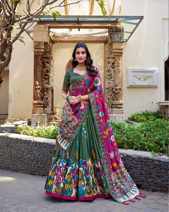 Mehndi Color Tussar Silk Kalamkari Printed Half Saree