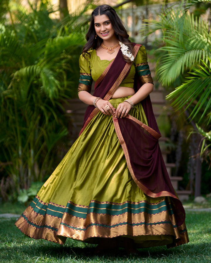 Olive Green Color Poly Cotton Half Saree