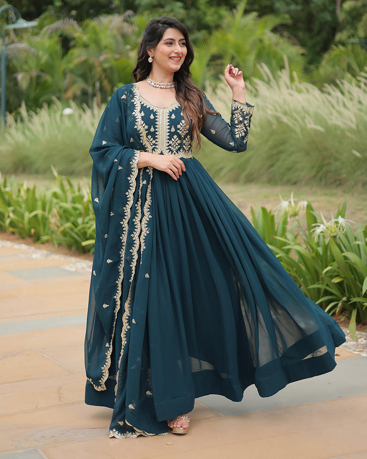 Designer Rama Color Anarkali Gown With Embroidery Dupatta