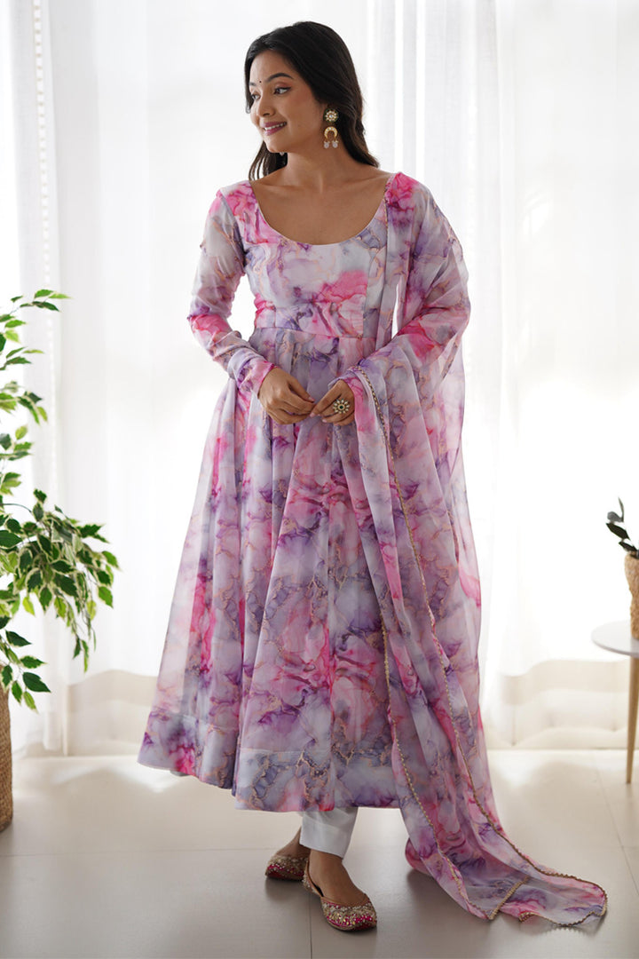 Pink And White Printed Soft Organza Silk Three-Piece Anarkali suit