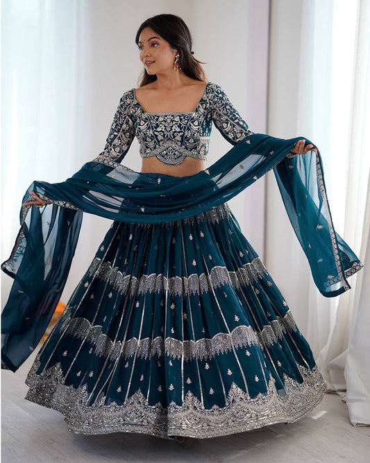 Teal Blue Color Faux Georgette Sequence Embroidered Lehenga Choli